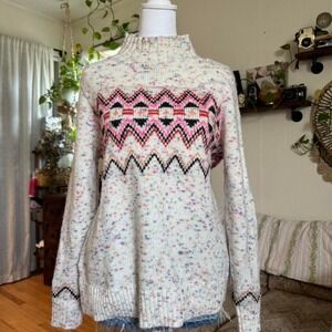 LOFT Confetti Knit Fair Isle Mock Neck Sweater Pink Black Chevron Small